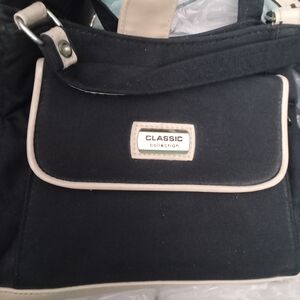 Baggallini Crossbody Bag rich ssaturated black linen with blonde leather trim